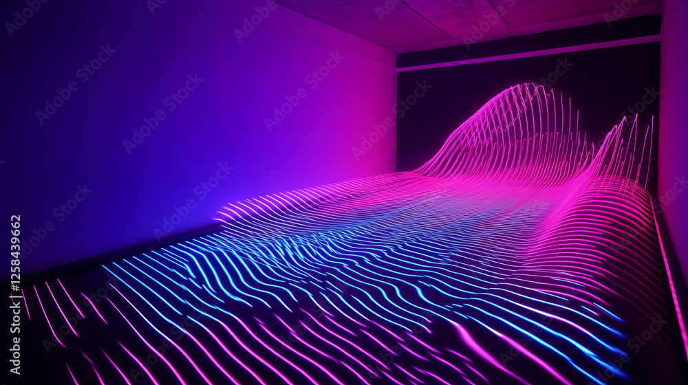 Poster neon laser wave for music equalizer concept. realistic vector illustration of abstract pink and blue