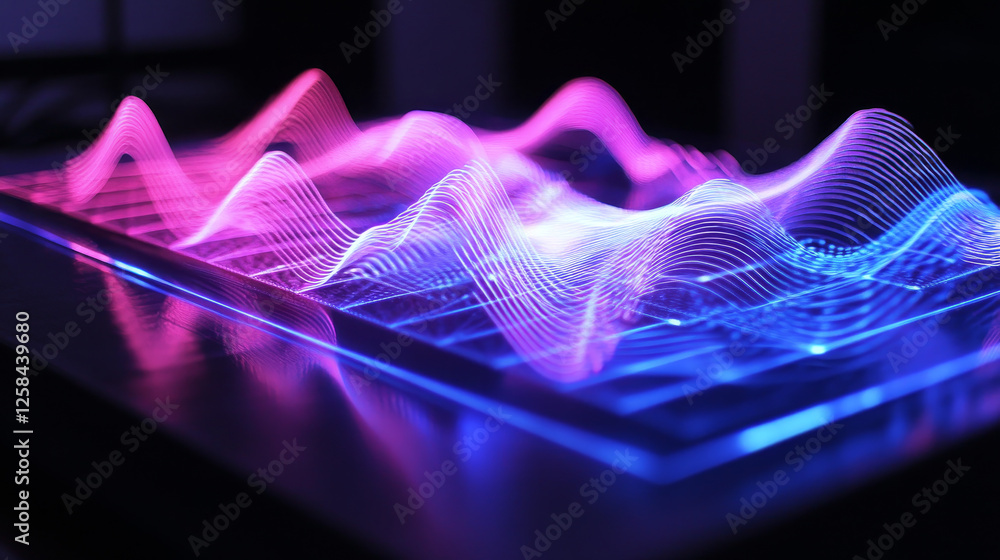Poster neon laser wave for music equalizer concept. realistic vector illustration of abstract pink and blue