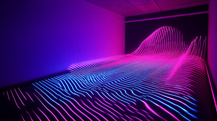 Neon laser wave for music equalizer concept. Realistic vector illustration of abstract pink and blue glow line as sound energy pulse. Gradient led fluorescent dynamic chart for synthwave design.