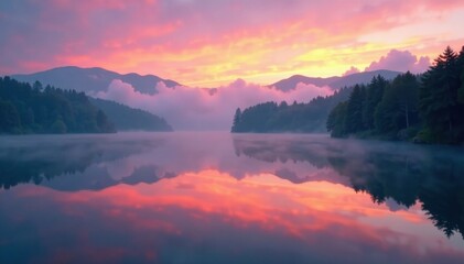 Fototapeta premium Soft focus landscape at dusk with misty fog rising from lake surface, dreamy, foggy