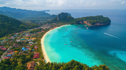 Naklejka premium A breathtaking aerial view of Nui Beachâ€™s turquoise lagoon on Koh Phi Phi Don Island in Krabi, Thailand--capturing the tropical paradise from above