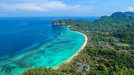 A breathtaking aerial view of Nui Beach&acirc;&euro;&trade;s turquoise lagoon on Koh Phi Phi Don Island in Krabi, Thailand--capturing the tropical paradise from above