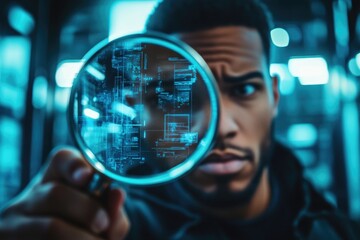 Close-up of a person studying an object with a magnifying glass, useful for detective or scientific concepts