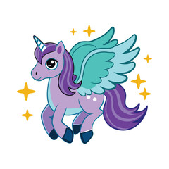 A mystical pegasus flying above a magical forest with glowing stars in the sky