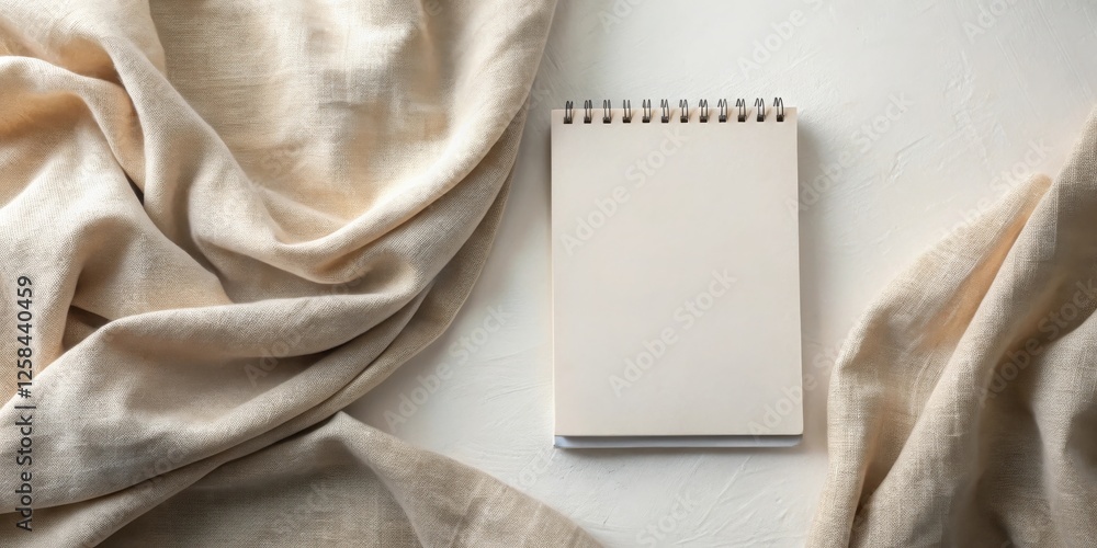 Poster blank cream notepad mockup with draped linen fabric
