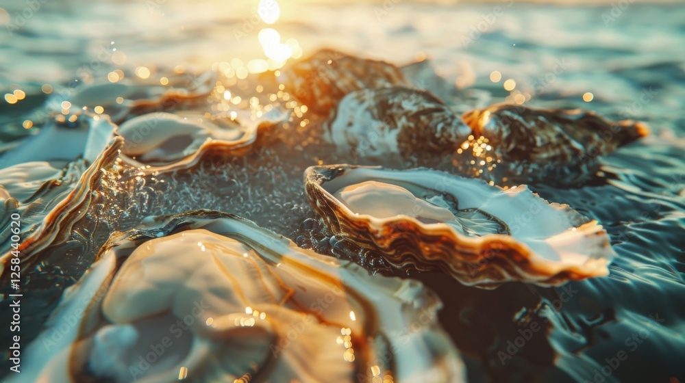Aufkleber oysters are scattered on the sandy shore, half open in the water while sunlight creates a shimmering