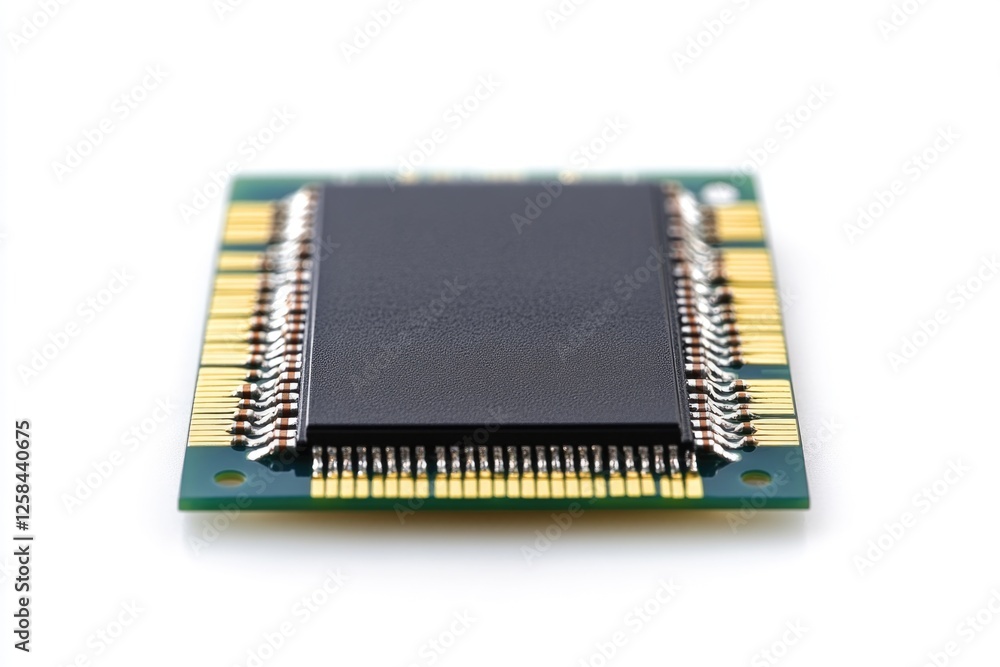 Poster a detailed view of a microprocessor chip on a white background, suitable for technology and electron