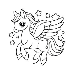 A mystical pegasus flying above a magical forest with glowing stars in the sky for kids coloring book