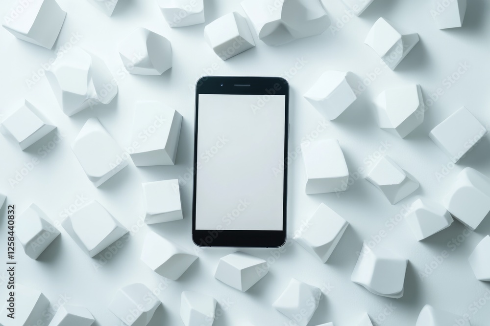 Poster a cell phone resting on top of a stack of cubes, great for tech and minimalist themes