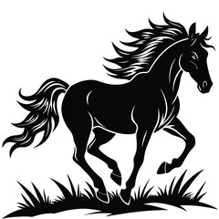 A wild horse silhouette galloping through a prairie, 