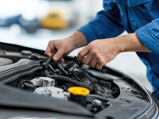 Car engine repair and testing service by mechanic. A mechanic working on a car engine, using tools to perform maintenance or repair tasks in an automotive workshop.