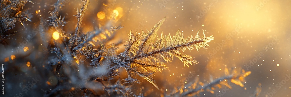 Poster close-up of a frost-covered branch with bokeh lights in the background.