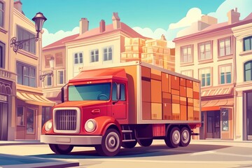 Naklejka premium Delivery truck parked in a quaint urban street surrounded by charming shops and stacked boxes