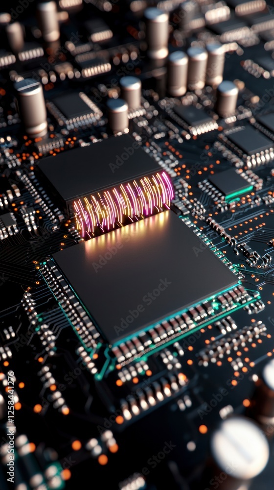 Aufkleber close-up of a circuit board with glowing microchip