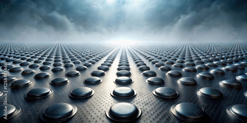 Fototapete Futuristic metallic surface with repeating dome pattern receding into a bright, hazy horizon