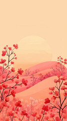 serene landscape with red flowers and rolling hills at sunset