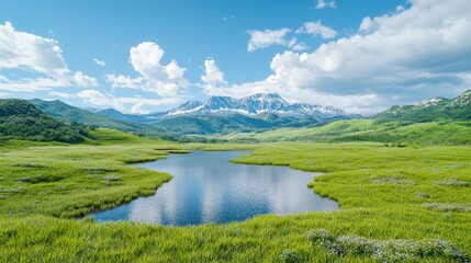 Fototapeta premium Mountain lake serene summer landscape, meadow, clouds