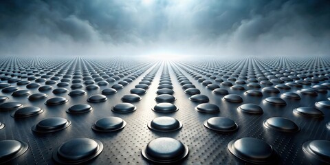 Futuristic metallic surface with repeating dome pattern receding into a bright, hazy horizon