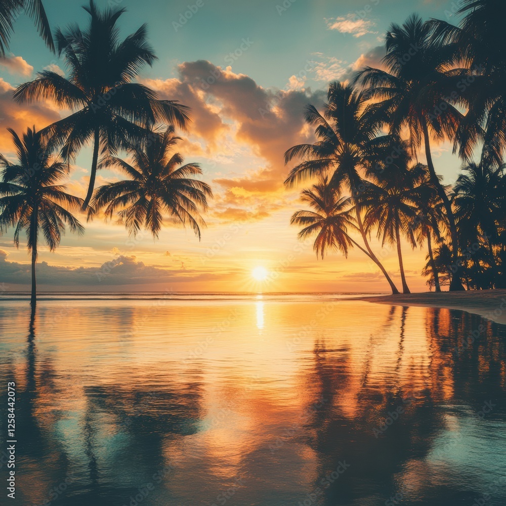 Leinwandbilder sunset over a tranquil beach with palm trees reflecting in calm water at dusk. generative ai