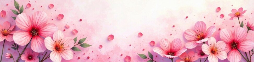 Fototapeta premium Soft pink petal watercolor background with scattered flowers and greenery, soft colors, botanical, watercolor
