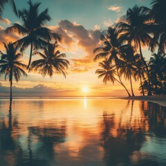 Obraz premium Sunset over a tranquil beach with palm trees reflecting in calm water at dusk. Generative AI