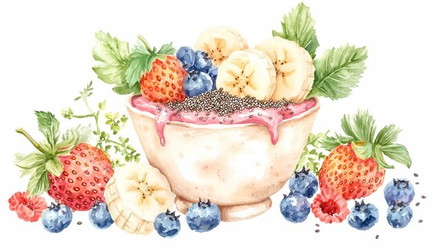 watercolor smoothie bowl with fresh fruit clip art preview