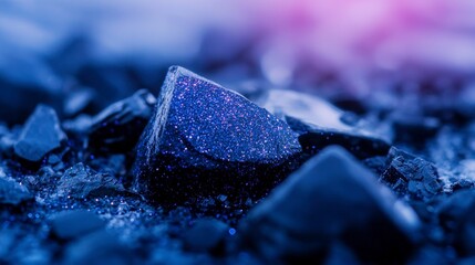 Close-Up of a Glittering Blue Rock Among Dark Stones with Pink and Purple Background