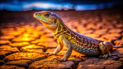 Fototapeta premium Steppe Runner Lizard Night Photography: Close-up of Eremias arguta on Dry Ground