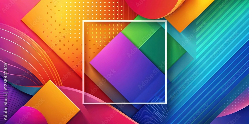 Poster vibrant abstract geometric design with overlapping shapes and a central frame for text or image plac