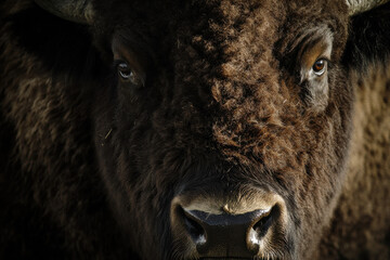 Fototapeta premium Bison with a thick fur coat, standing on a white background, representing strength and resilience
