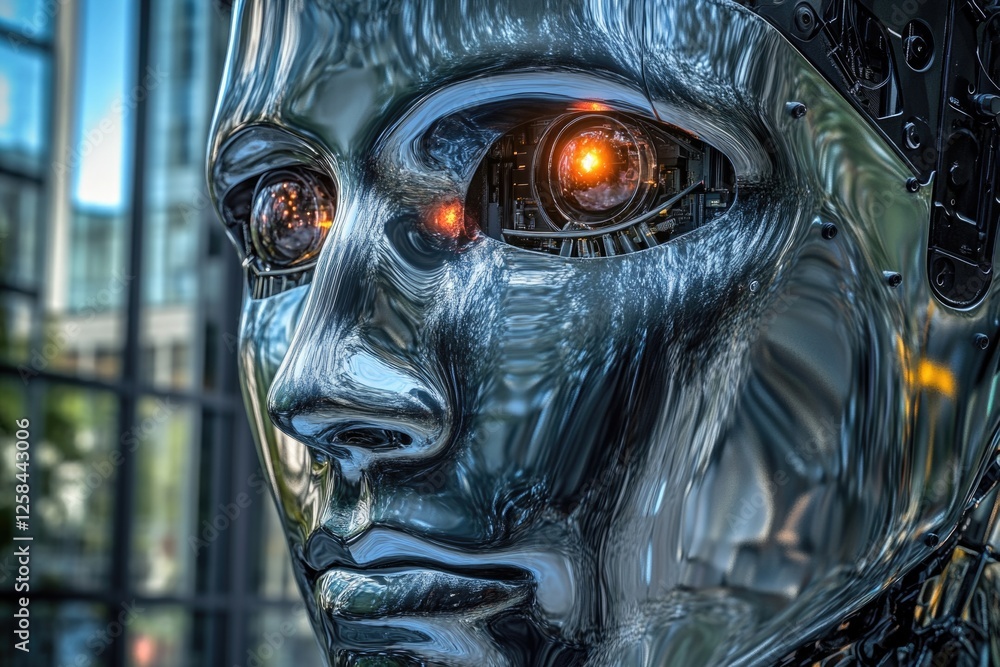 Poster A close-up view of a statue with glowing eyes, great for use in sci-fi or fantasy concepts