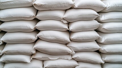 A spacious warehouse showcases rows of white bags piled on pallets, with a few bags placed in the center, awaiting distribution