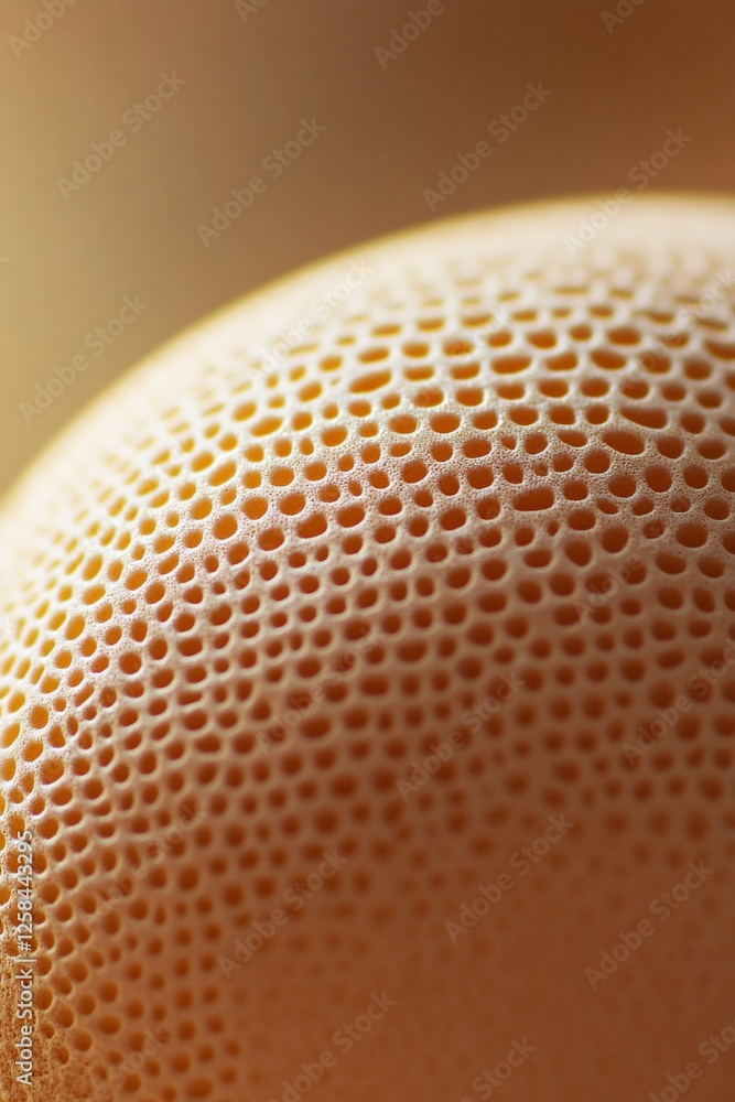 Poster close-up of a textured, pale orange, spherical object with a honeycomb-like pattern.