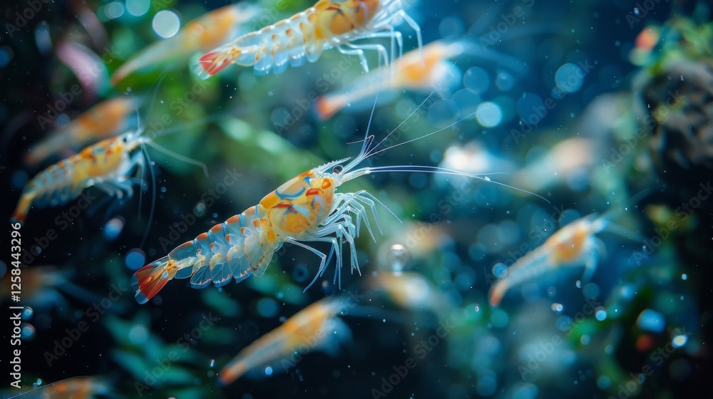 Aufkleber a group of colorful shrimp moves gracefully through a clear underwater environment filled with plant