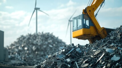 A yellow excavator sits atop a pile of metal, ready for work