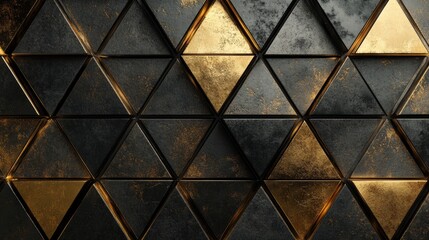 Elegant triangular tile wall in black and gold, semi-gloss texture generative ai