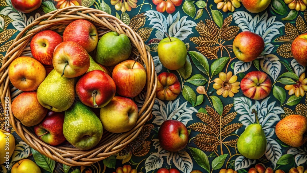 Poster a wicker basket brimming with ripe apples and pears rests on a richly patterned surface.