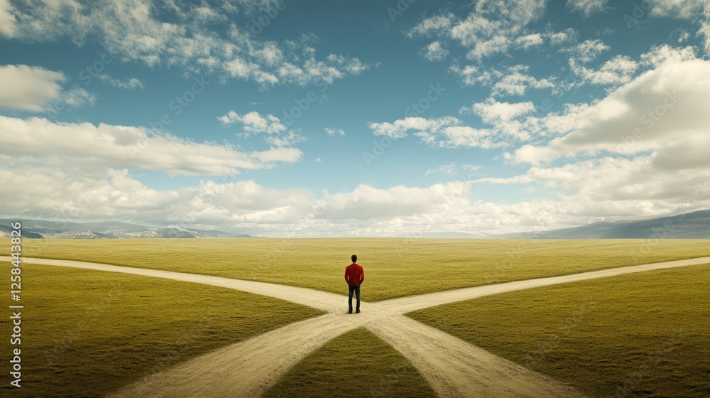 Poster businessman standing at a crossroads in a vibrant green field, contemplating the right path on a bea
