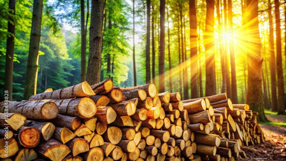 Poster Sunlit Forest Lumber Pile  A Stack of Logs in a Golden Hour Forest Setting