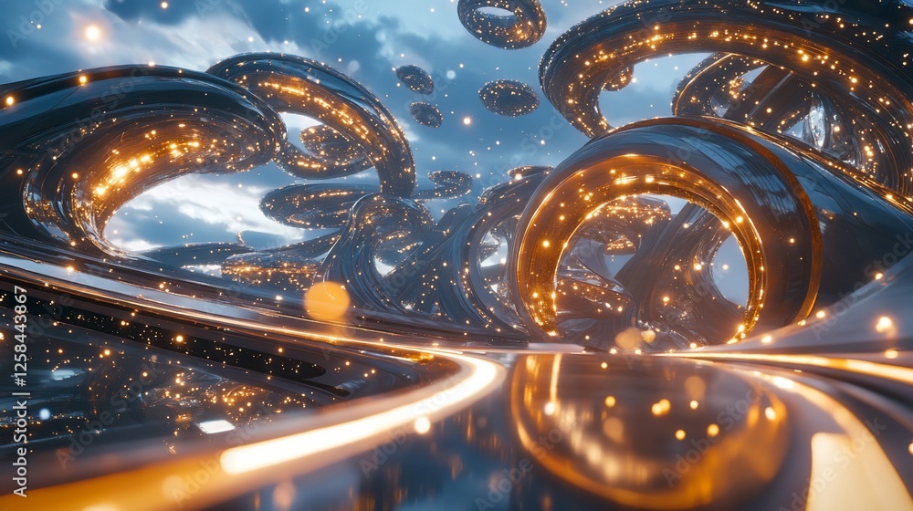 Poster abstract futuristic landscape with glowing pathways and swirling structures.