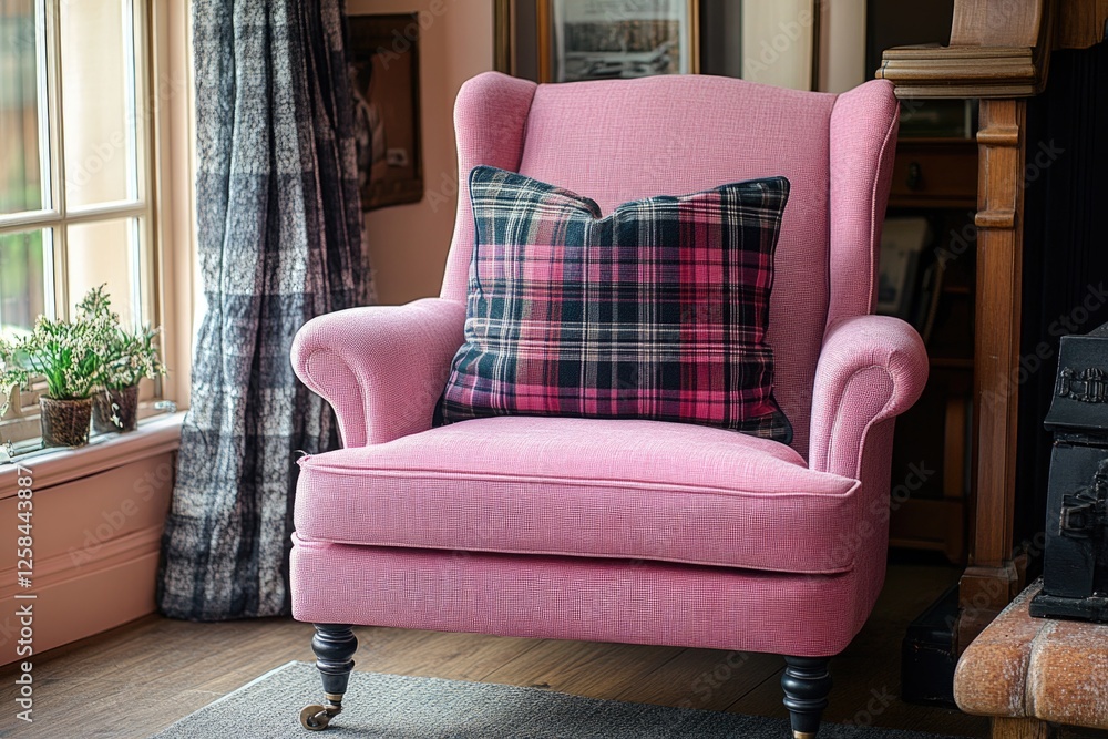 Poster A single pink chair sits in front of a window, possibly used as a reading nook or display space
