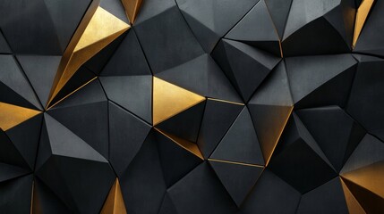 Elegant triangular tile wall in black and gold, semi-gloss texture generative ai