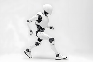 Fototapeta premium 3d Artificial intelligence robot or cyborg jogging across isolated on white background