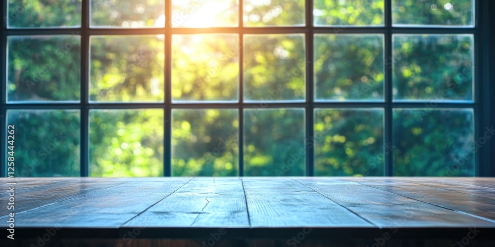 Poster a simple wooden table with no objects on it, placed in front of a window