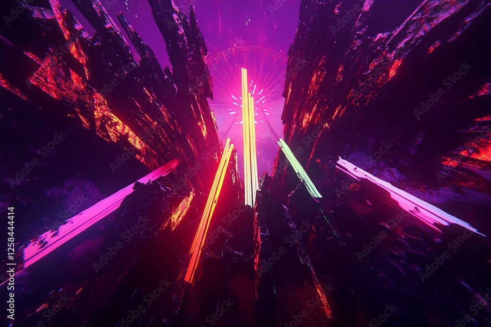 Poster abstract vibrant neon light rays and geometric shapes creating a futuristic tunnel.