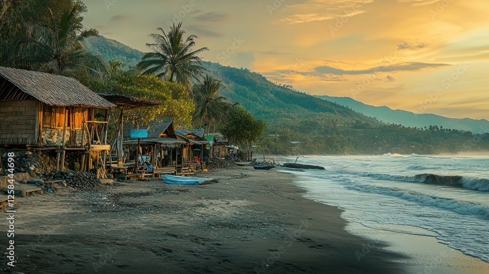 Canvas Prints Golden Hour Serenity: Beachfront Huts at Sunset