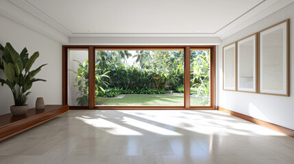 Obraz premium bright airy room with large windows showcasing lush garden view. space features minimalist decor and natural light