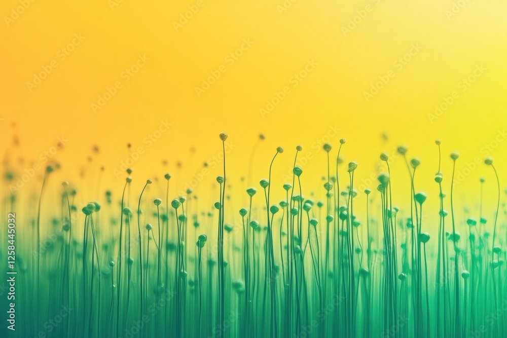 Poster Upward flowing lines representing growth and vitality resembling plants reaching towards a warm yellow background. Generative AI
