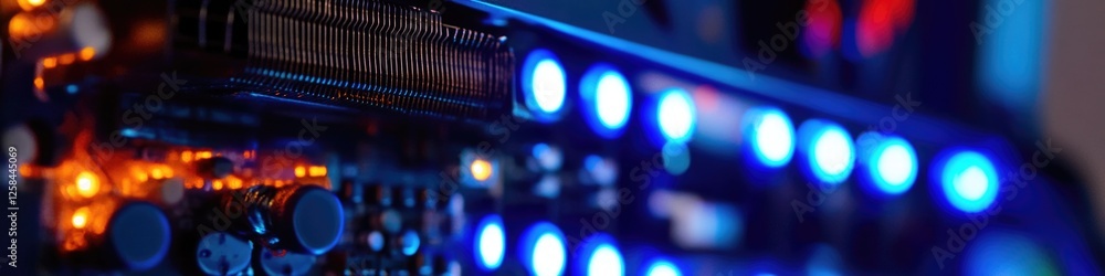 Poster a close-up view of a computer case with bright blue lights, suitable for use in tech-related context