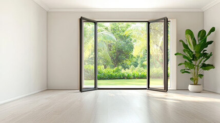 bright airy room with large open windows showcasing lush garden view